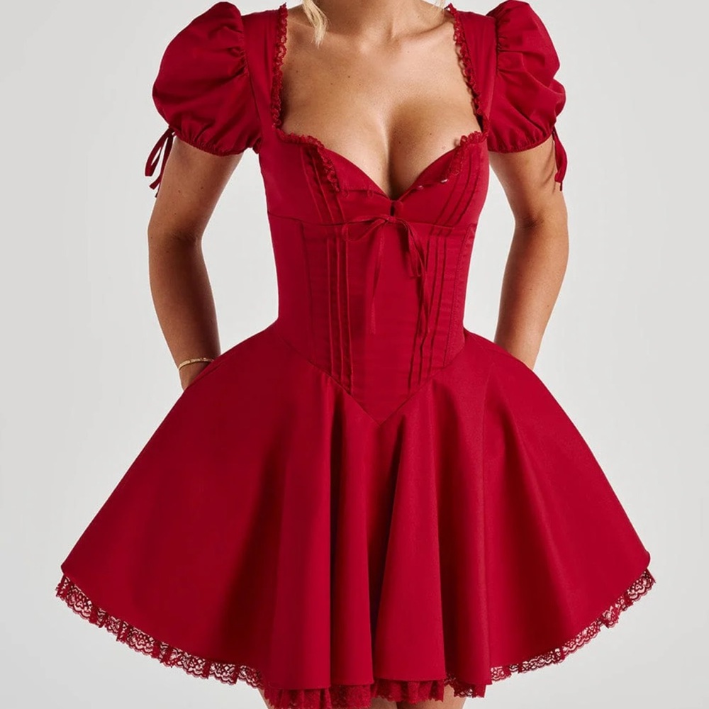Elegant Red Puff Sleeve Dress - Picture 1 of 5